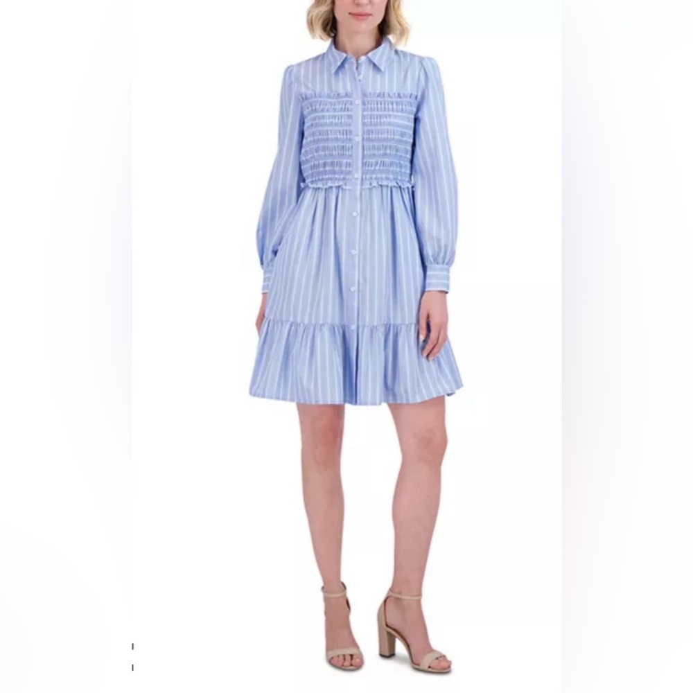 Eliza J Light Blue Striped Long Sleeve Dress Size 6 NWT - Picture 1 of 9
